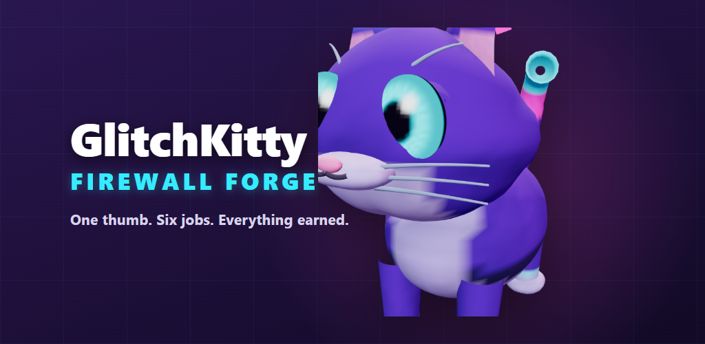 The GlitchKitty cat standing against a purple and magenta circuit-patterned banner, beside the wordmark GlitchKitty — Firewall Forge and the line One thumb. Six jobs. Everything earned.