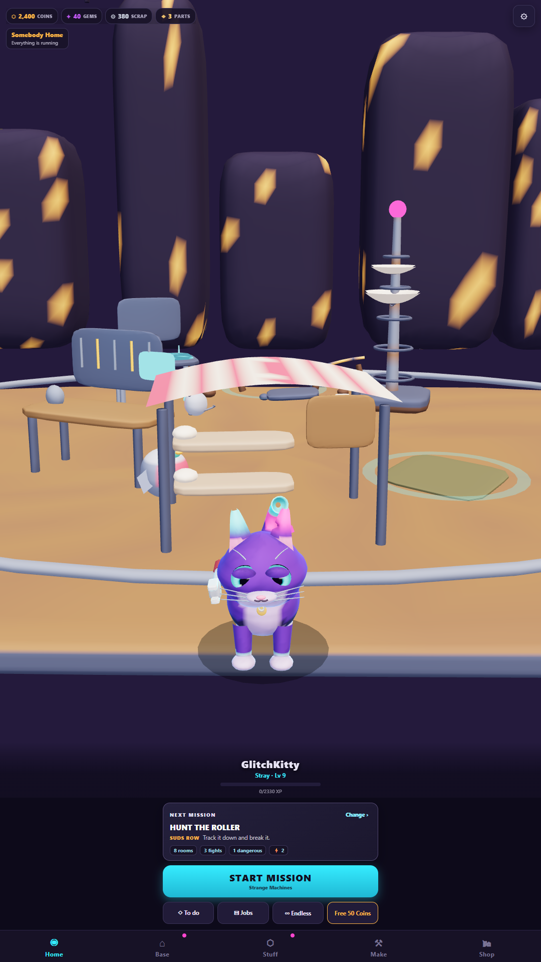 The GlitchKitty cat standing on a rooftop base at night with a lit antenna and city skyline behind, and a card showing the next mission.