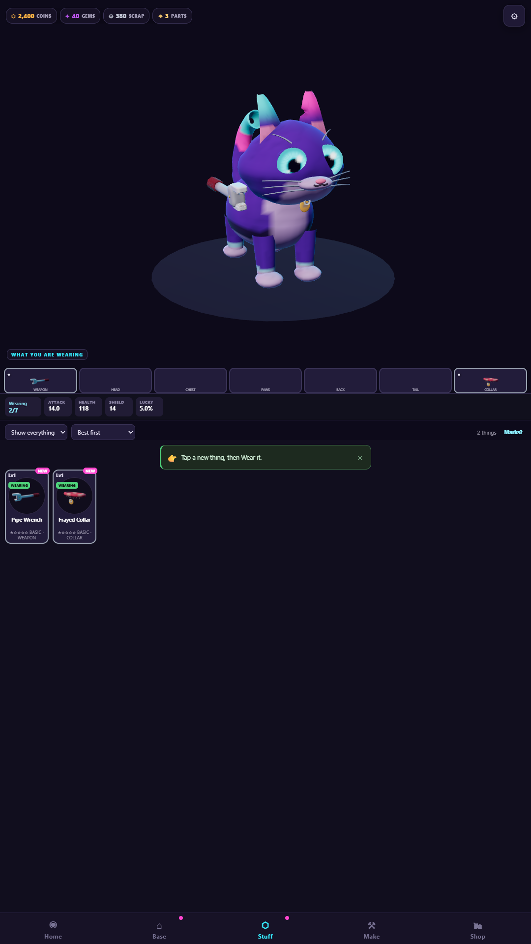The Stuff screen showing a grid of collected equipment cards with rarity colours, and the cat wearing the equipped items.