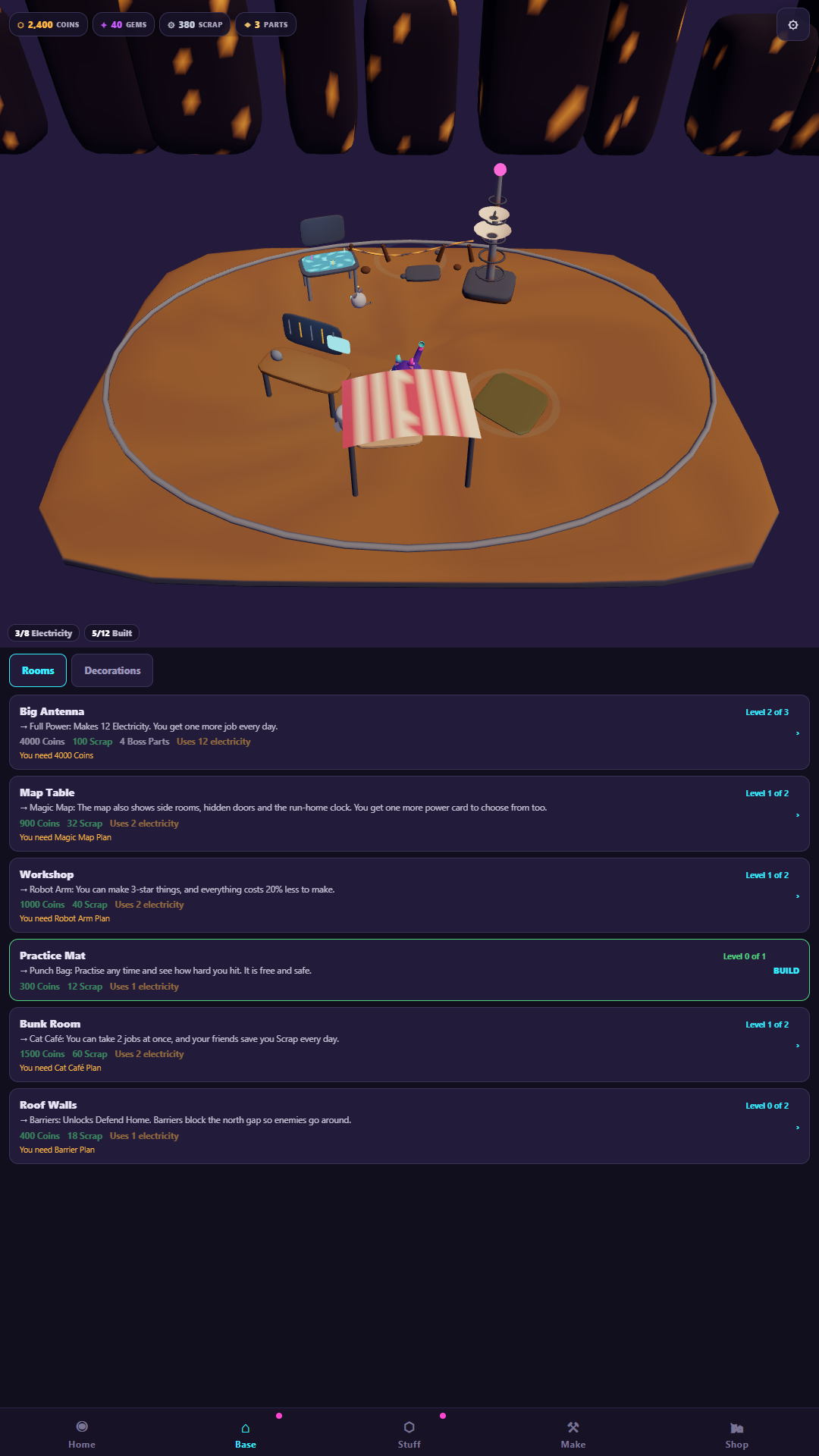 The Base screen listing rooftop facilities such as the Signal Core and Workshop with their build costs and what each one unlocks.