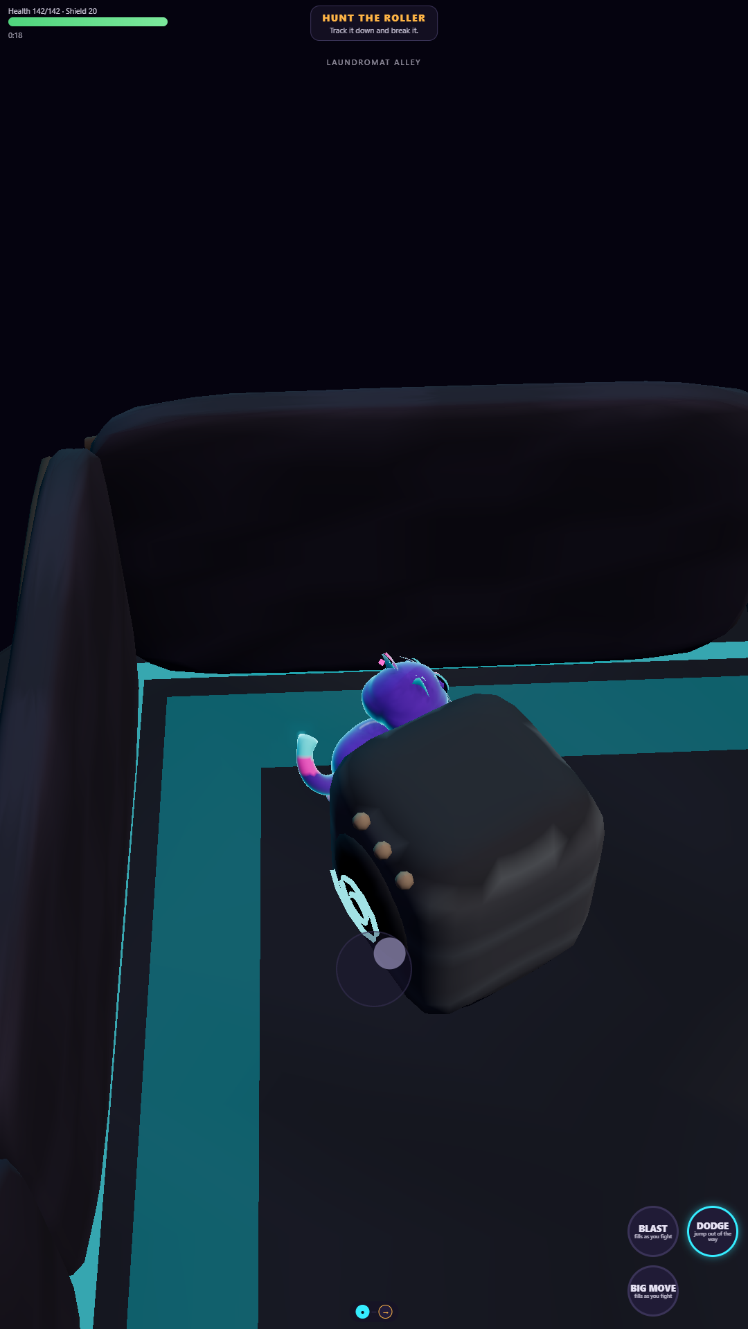 Top-down 3D combat in a neon-lit laundromat: the cat surrounded by possessed sock and machine enemies, with a health bar and the on-screen thumb stick in use.