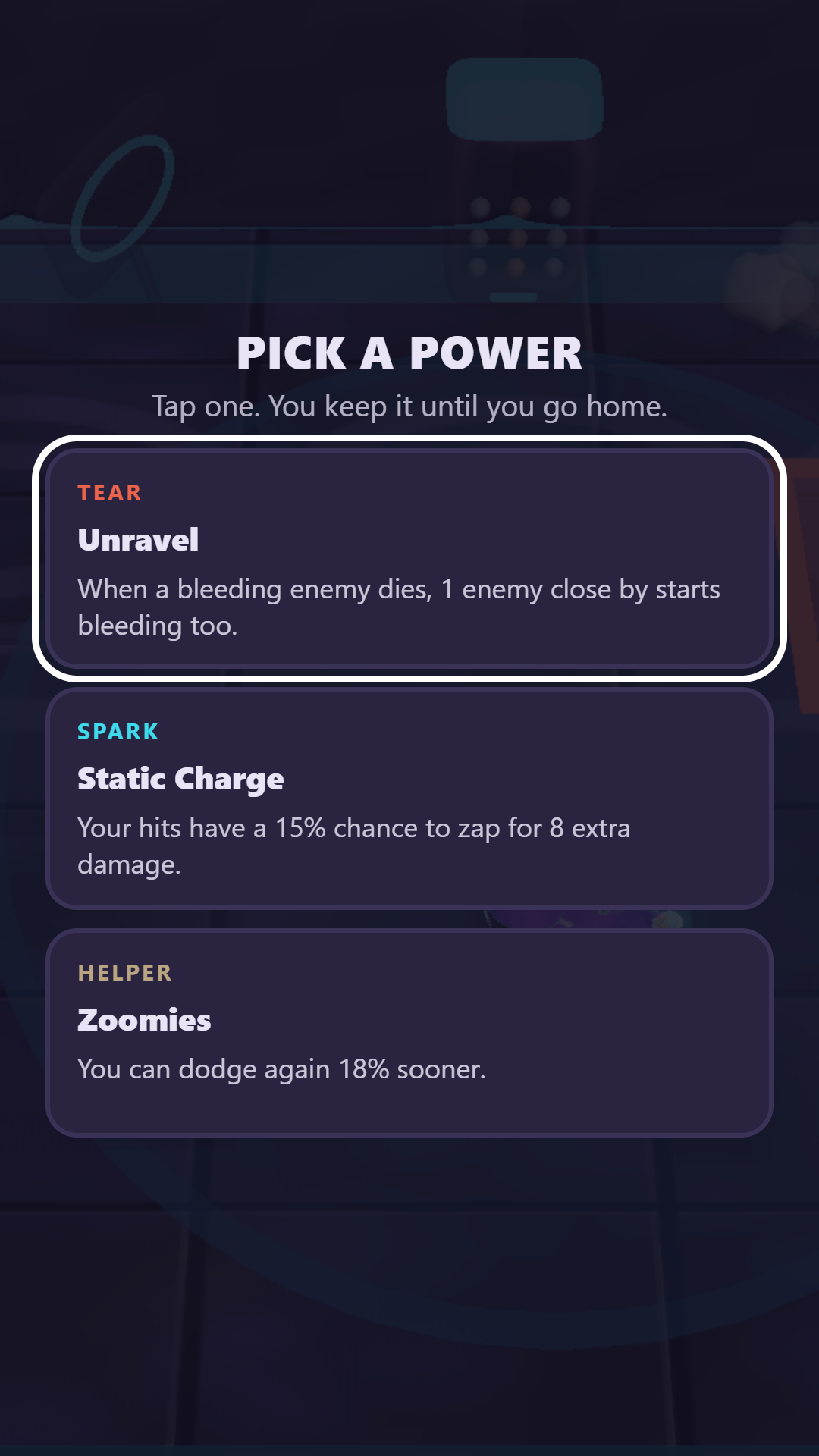 A real mission pauses on the Pick a Power overlay, showing three temporary Glitch Mod cards with names and descriptions.