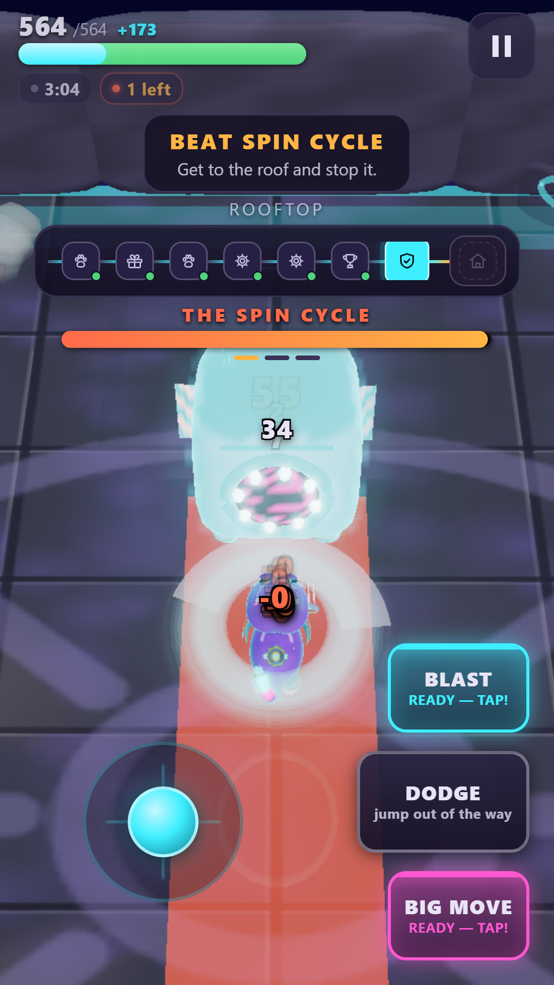 The real Rooftop boss fight against The Spin Cycle, with the appliance boss visible in the arena and its named multi-stage health bar on screen.