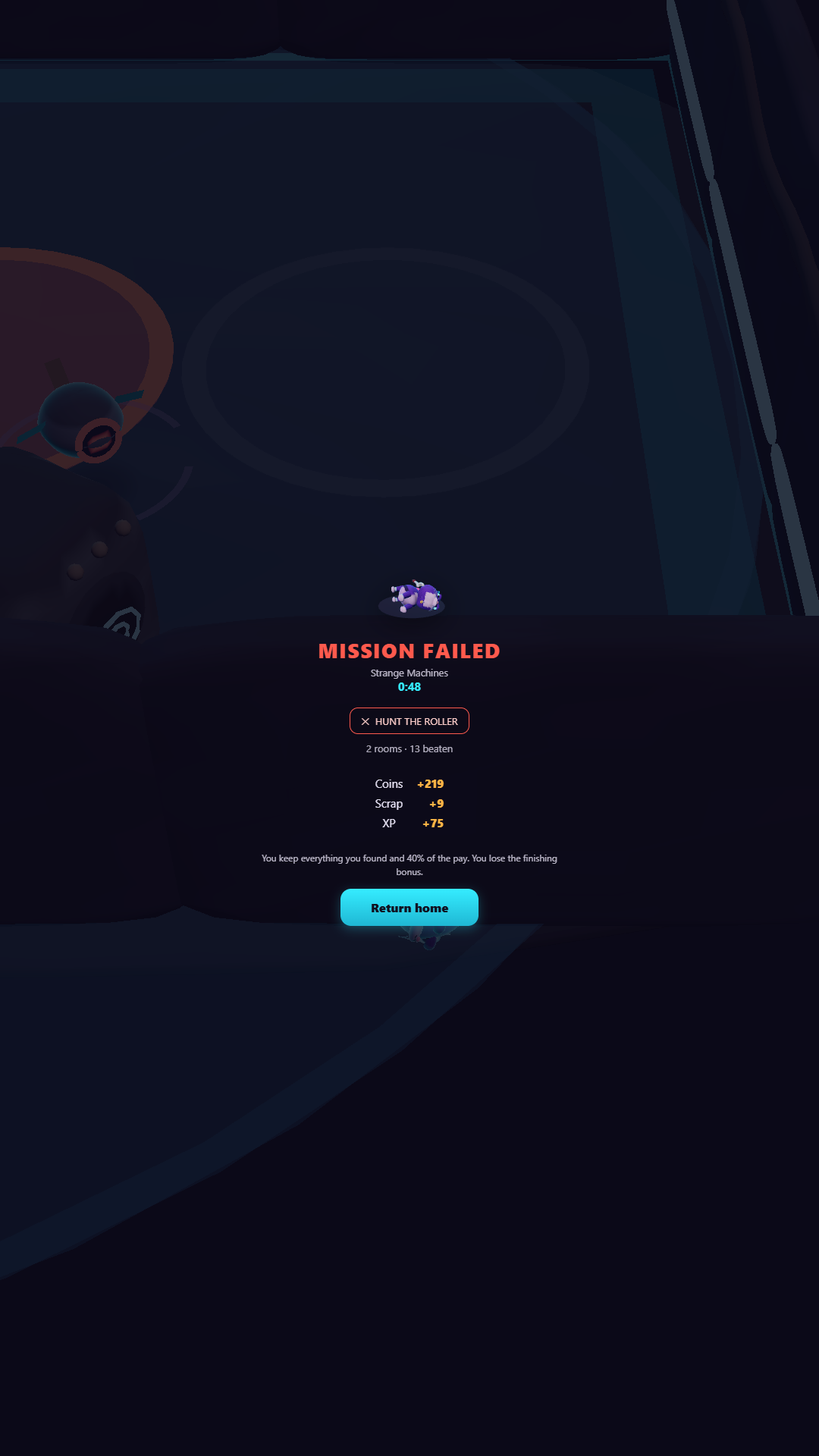 The mission results screen showing the verdict, the Coins and Scrap earned, and the items recovered during the run.